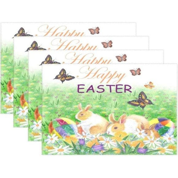 Happy Easter Bunny Eggs Spring Flowers Butterfly Placemats 12x18 Set of 4 - Picture 1 of 6